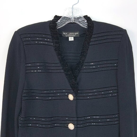 St. John Evening Black Sparkle Ruffle Jacket Santana Knit Sz 2-4 - Picture 6 of 16